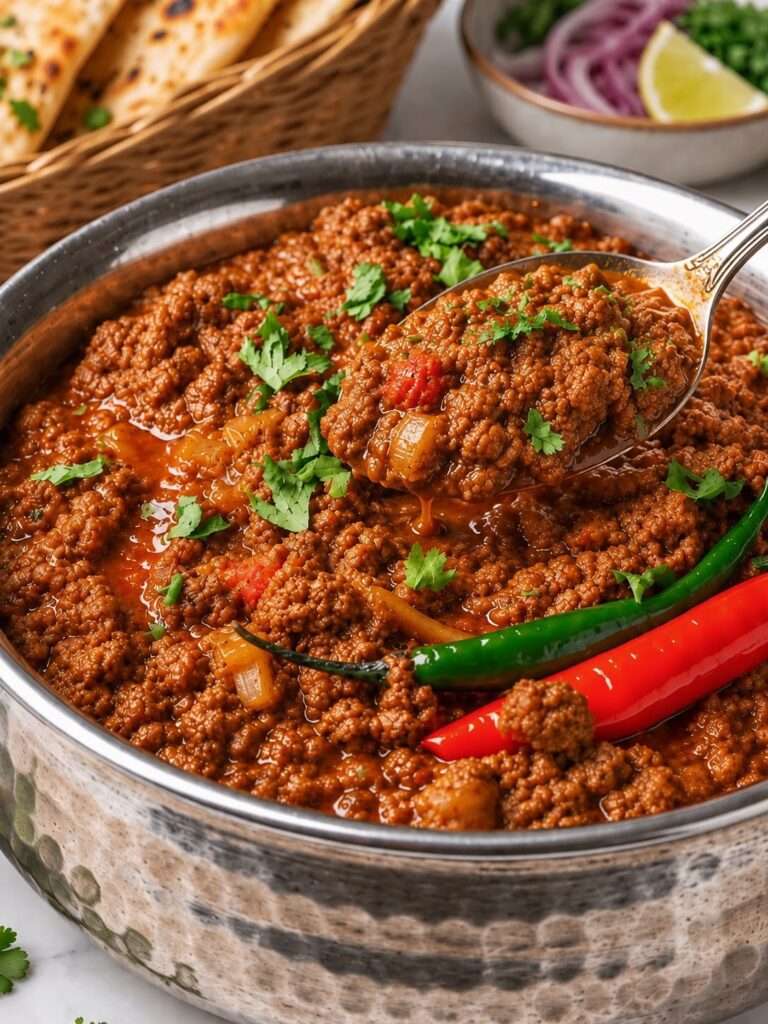 Spoonful of keema curry showing its rich texture and gravy