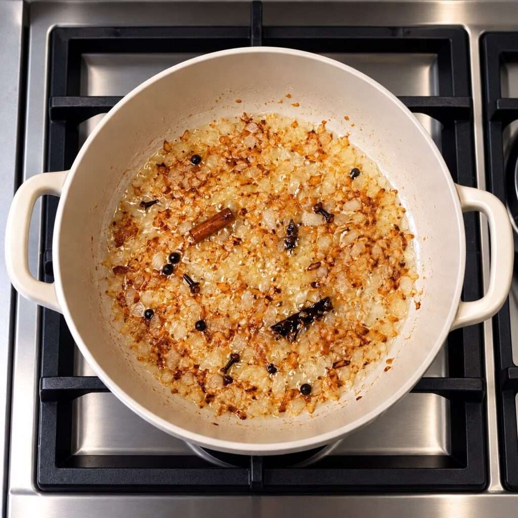 Sautéed onions with whole spices in a cooking pot