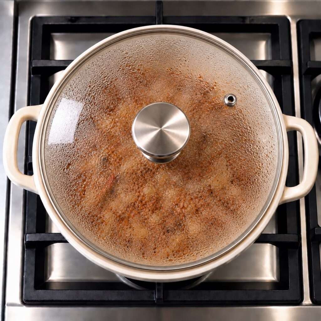 Minced meat covered and simmering in a cooking pot