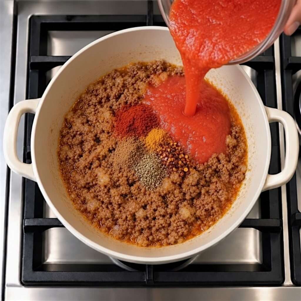Tomato puree and spices added to cooked minced meat