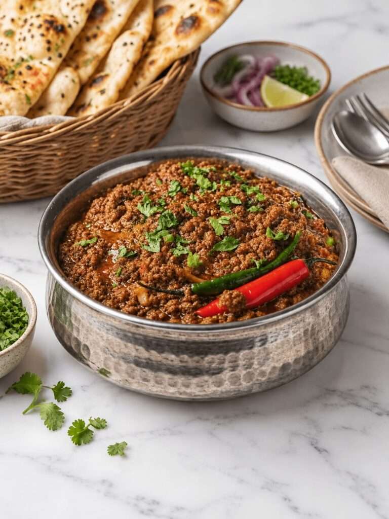 Keema curry served with naan, fresh coriander and green chilies