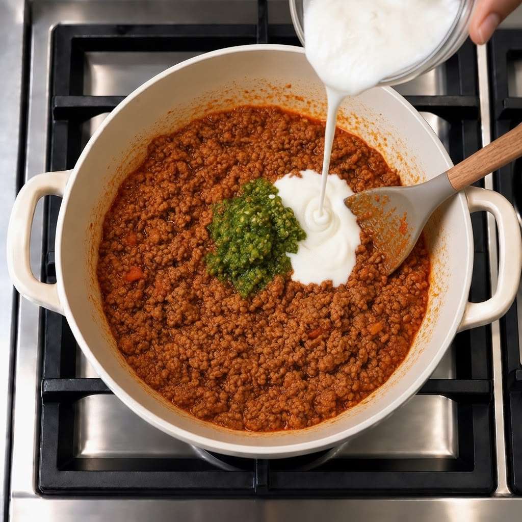 Yogurt and green chili paste added to minced meat curry