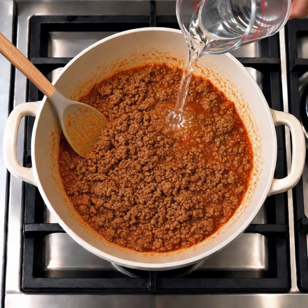Water being added to minced meat curry in a pot