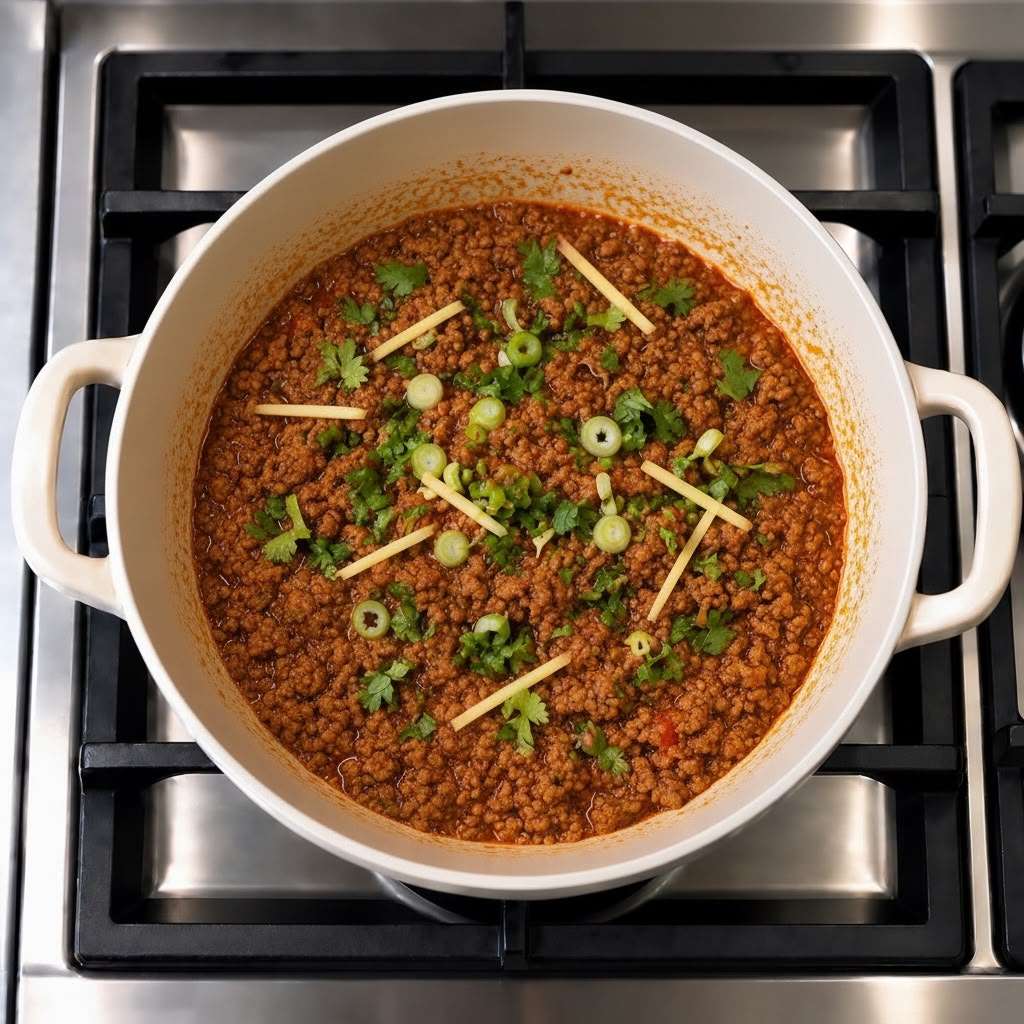 Minced meat curry garnished with fresh coriander, green chilies and ginger