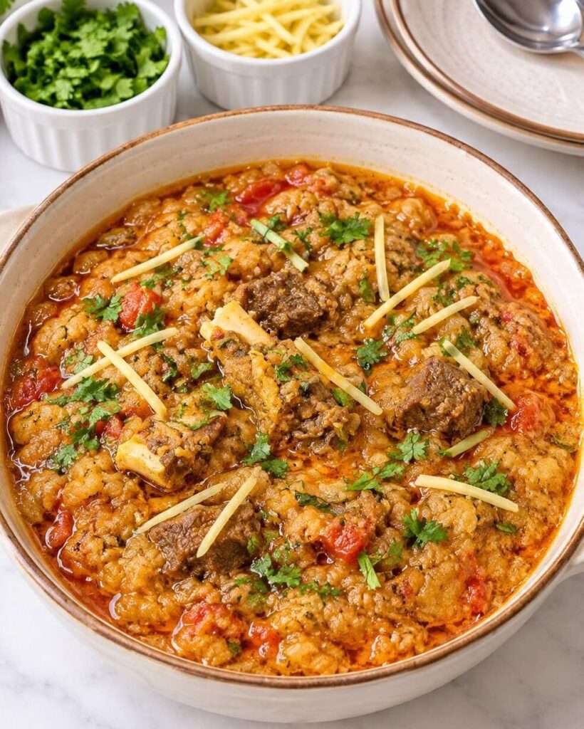Shaljam gosht made with tender meat and mashed turnips, garnished with fresh cilantro and ginger strips