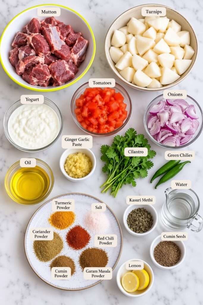 Ingredients for shaljam gosht including mutton, turnips, tomatoes, onions, yogurt, spices, cilantro, and green chilies