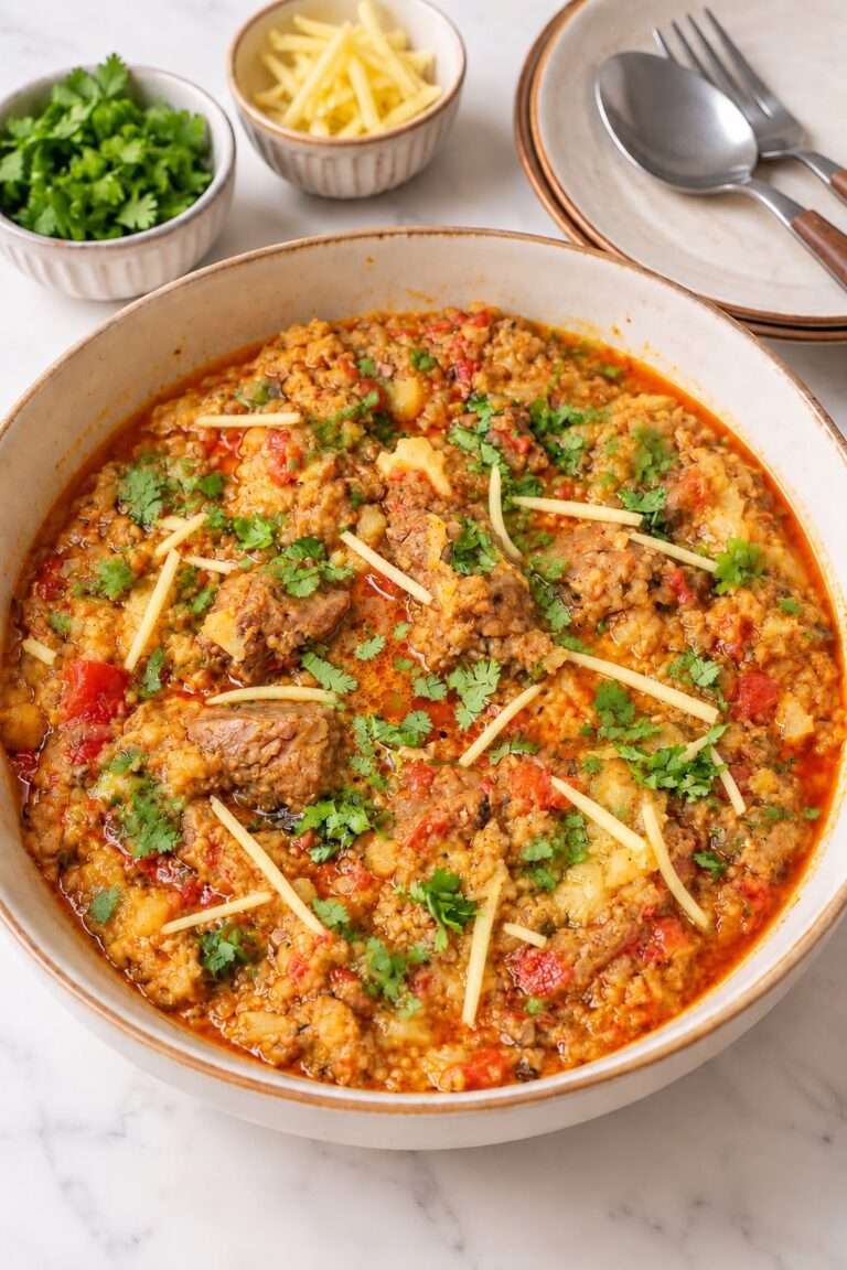 Pakistani shaljam gosht with tender meat and mashed turnips garnished with cilantro and ginger