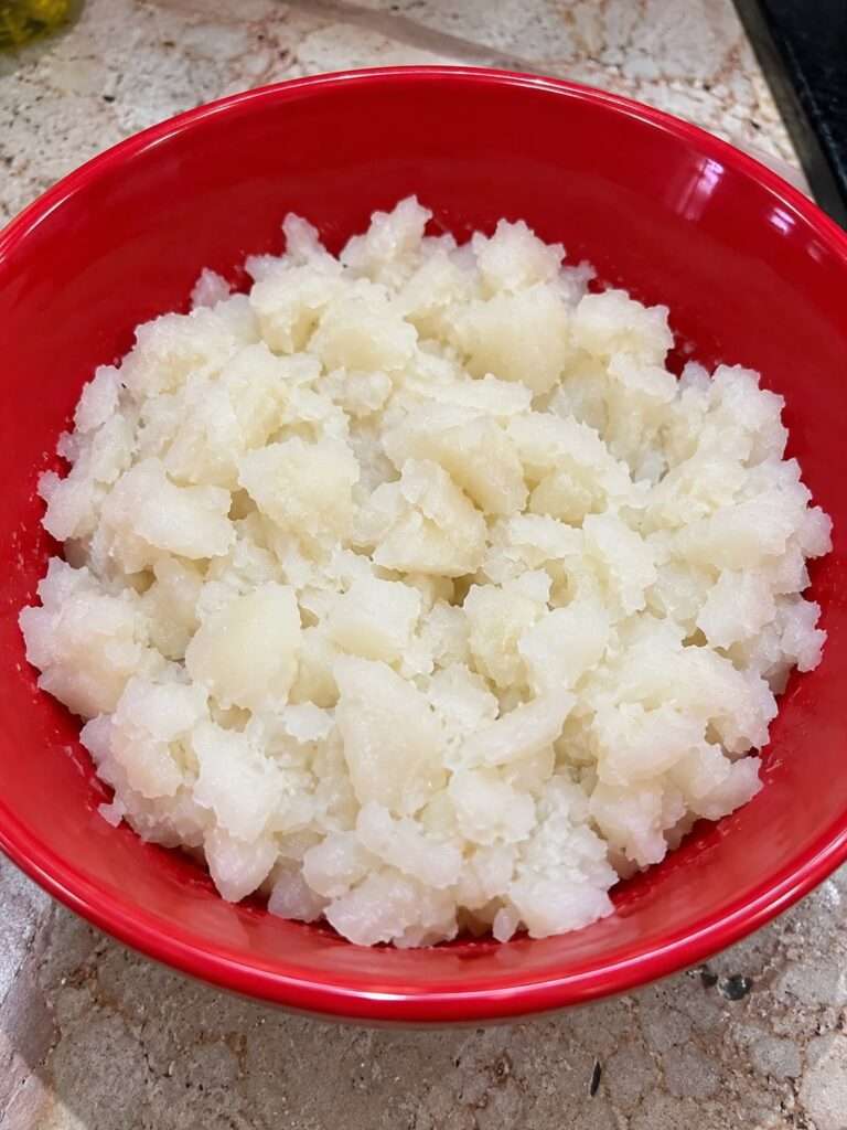 Boiled turnips mashed and ready to add to shaljam gosht