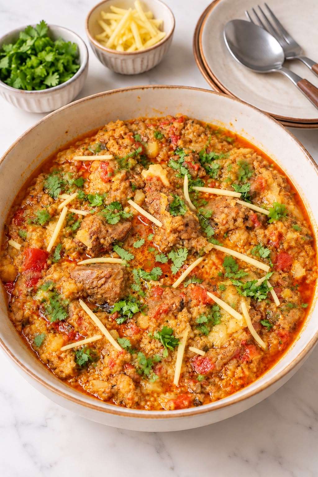 Pakistani shaljam gosht with tender meat and mashed turnips garnished with cilantro and ginger