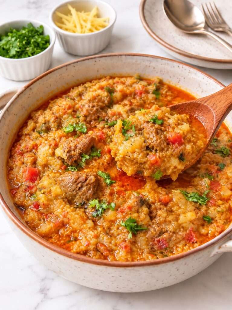 Shaljam gosht turnip curry served with a wooden spoon showing tender meat and soft turnips