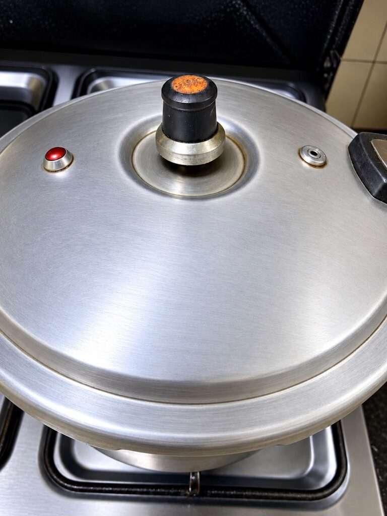 Meat cooking in a pressure cooker with tomatoes, onions, and spices