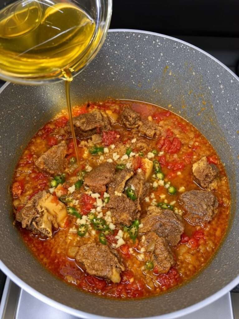 Cooked meat transferred to a wok with oil, along with chopped garlic, ginger and green chilies for bhunao (frying)